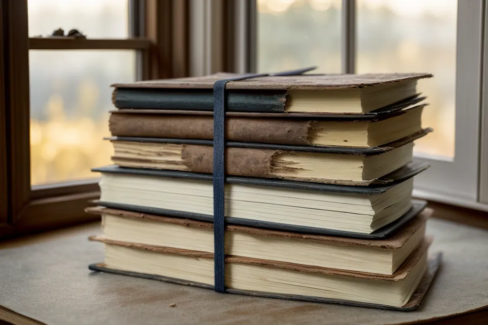 Drei vollgeschriebene Notizbücher, die die 50-stündige Analyse des Weltgeschichte-Kurses dokumentieren.