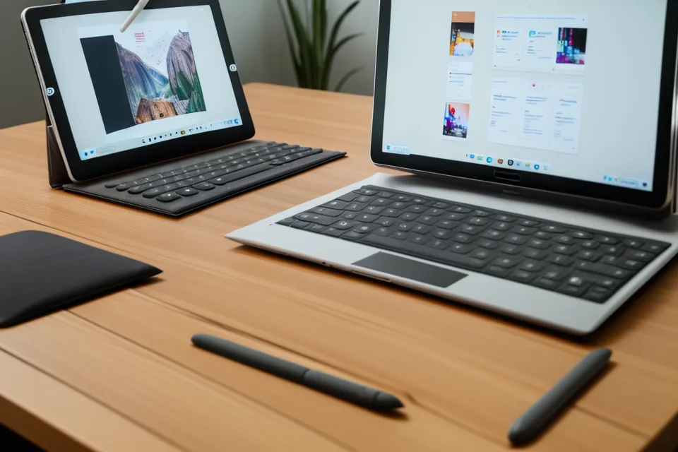 Laptop und Tablet zeigen gleichzeitig Kursinhalte auf einem Holztisch.