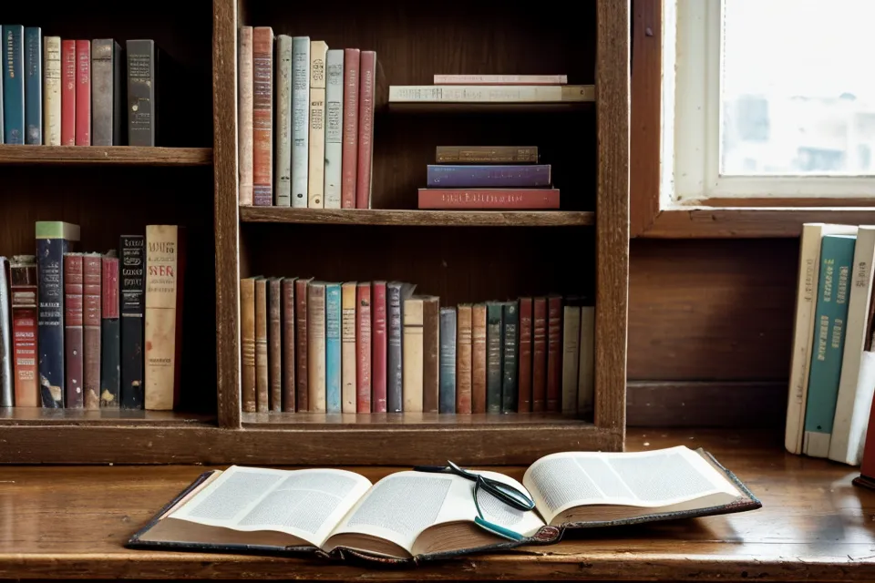 Bücherregal eines Journalisten mit alten Fachbüchern und einer Lesebrille.