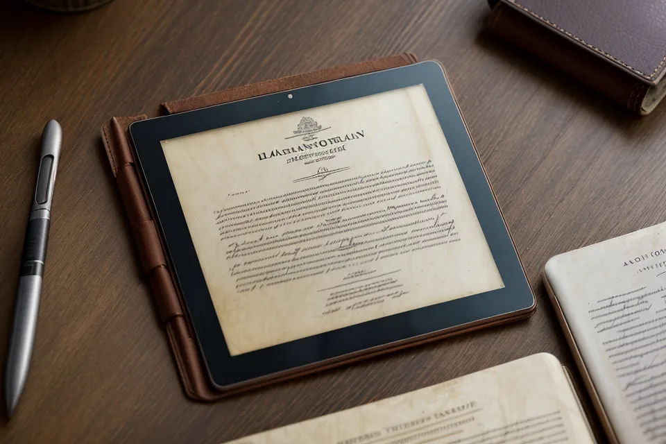 Nahaufnahme eines Tablets mit einem historischen Dokumentenscan und journalistischen Notizen.
