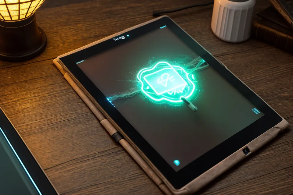 Technisches Detail eines Tablets während der Nutzung eines Online-Kurses am Abend.