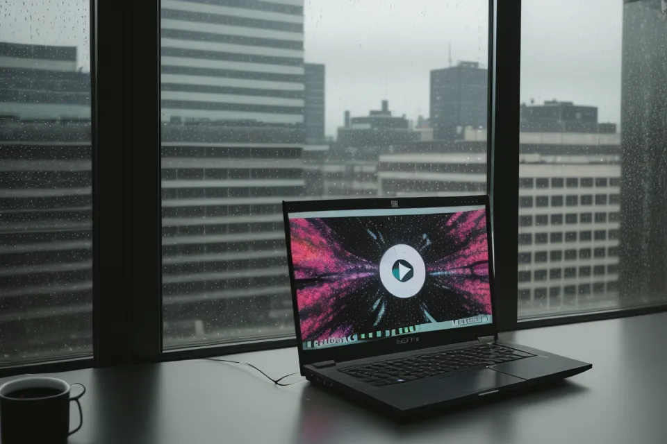 Ein Laptop mit Videokurs-Interface vor einem Fenster mit Blick auf Dresdner Hausdächer.