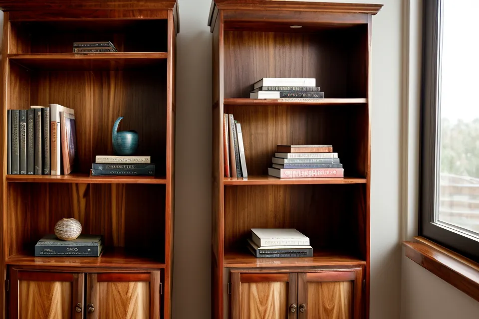 Gefüllte Bücherregale und ein altes Röhrenradio in einem privaten Arbeitszimmer.