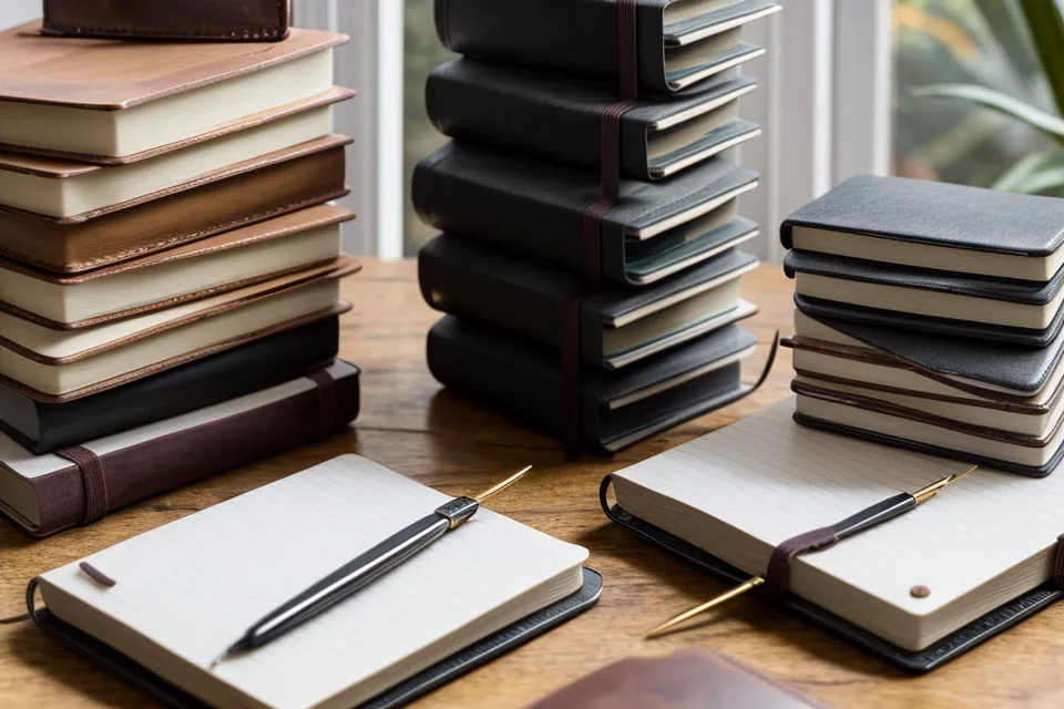 Stapel gefüllter Notizbücher – Dokumentation einer systematischen Kursanalyse