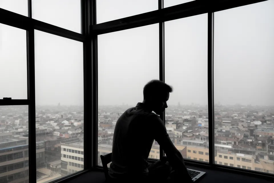 Spiegelung eines Teilnehmers vor einem Laptop mit Blick über die Dächer von Dresden.