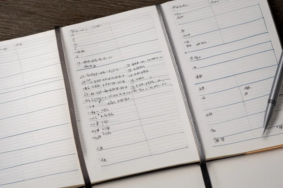 Nahaufnahme eines Notizbuchs mit handschriftlichen Notizen zu Kursmodulen und Preisen.