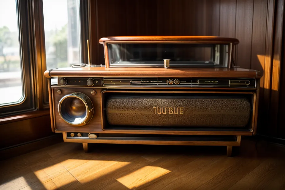Ein altes Röhrenradio steht neben einem Stapel Geschichtsbücher in einem Regal.