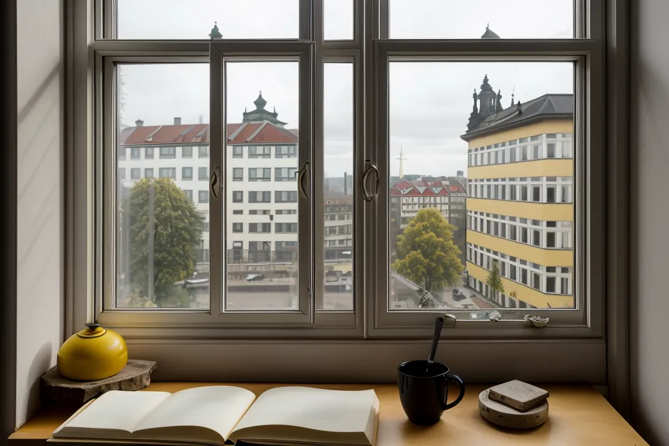 Blick aus einem Dresdner Fenster auf eine Straße mit einer vorbeifahrenden Straßenbahn.