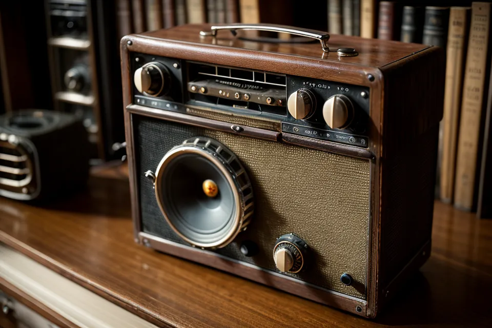 Ein altes Röhrenradio mit warm leuchtender Skala in einem Bücherregal.