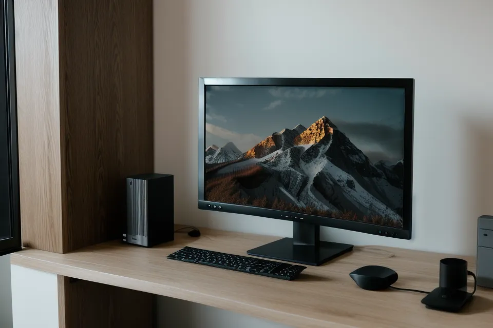 Monitor mit warmen Farbeinstellungen neben einem alten Bücherregal