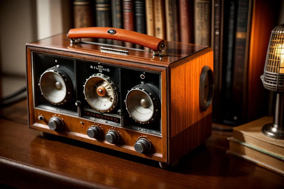 Ein altes Röhrenradio in einem Bücherregal, das eine nostalgische Arbeitsatmosphäre schafft.