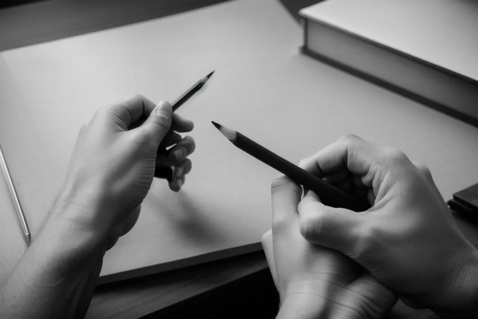 Detailaufnahme einer Hand, die Notizen in ein kariertes Heft schreibt.