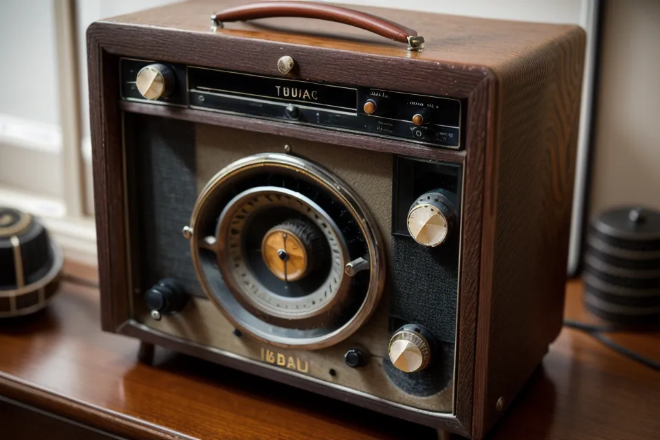 Ein altes Röhrenradio steht vor einem Regal mit Lexika.