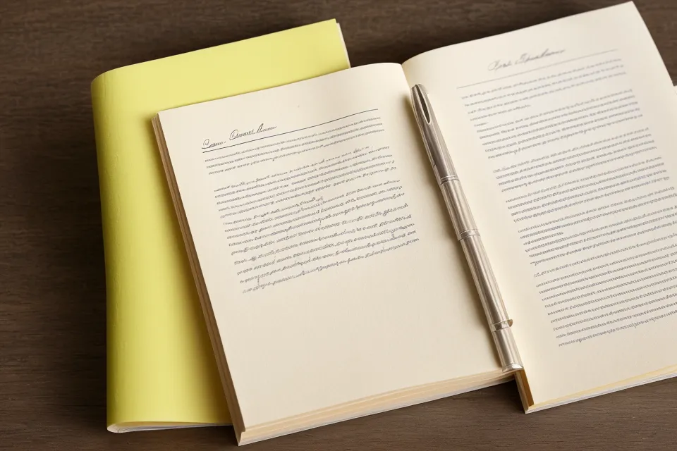Ausgedruckte PDF-Unterlagen mit persönlichen Notizen und Markierungen auf einem Holztisch.