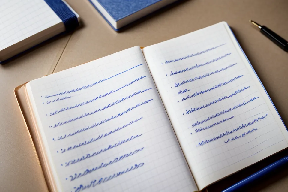 Nahaufnahme eines Notizbuchs mit handschriftlichen Notizen zu Modulnummern und Zeitstempeln.