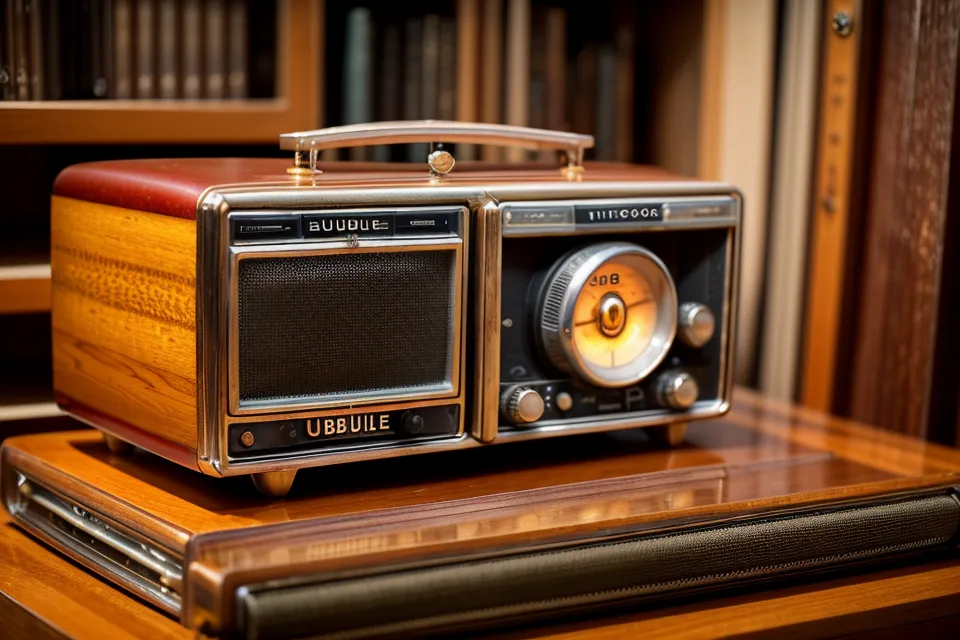 Ein altes Röhrenradio, das warm leuchtet, zwischen Büchern in einem Regal.