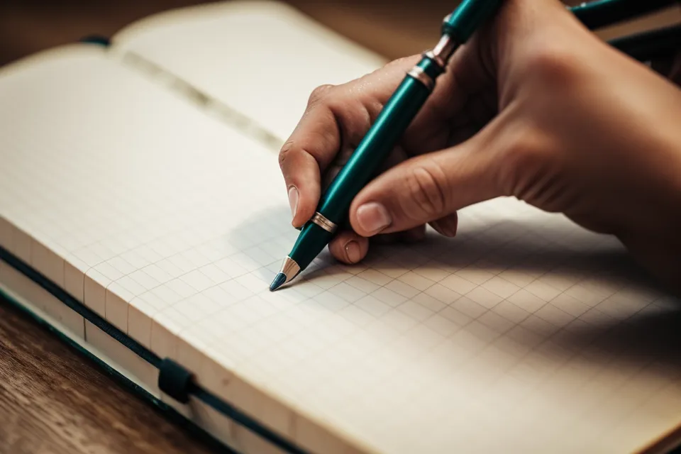 Hand mit Stift über einem A5-Notizbuch vor einem regennassen Fenster, Dresden-Perspektive auf die Weltgeschichte-Analyse