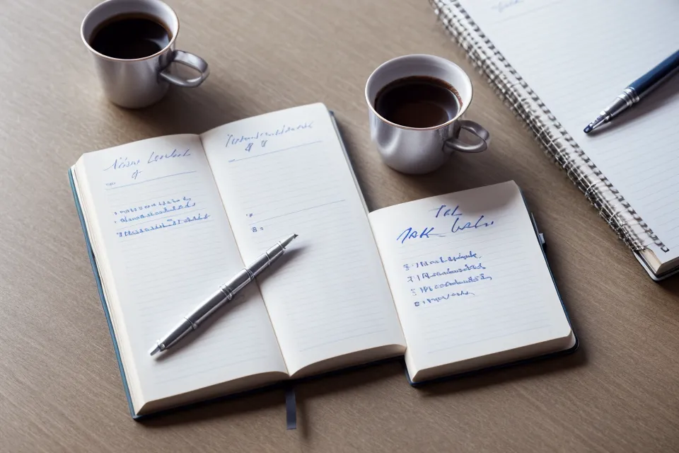 Nahaufnahme einer handschriftlichen Modul-Übersicht in einem karierten Notizbuch mit Zeitstempeln.
