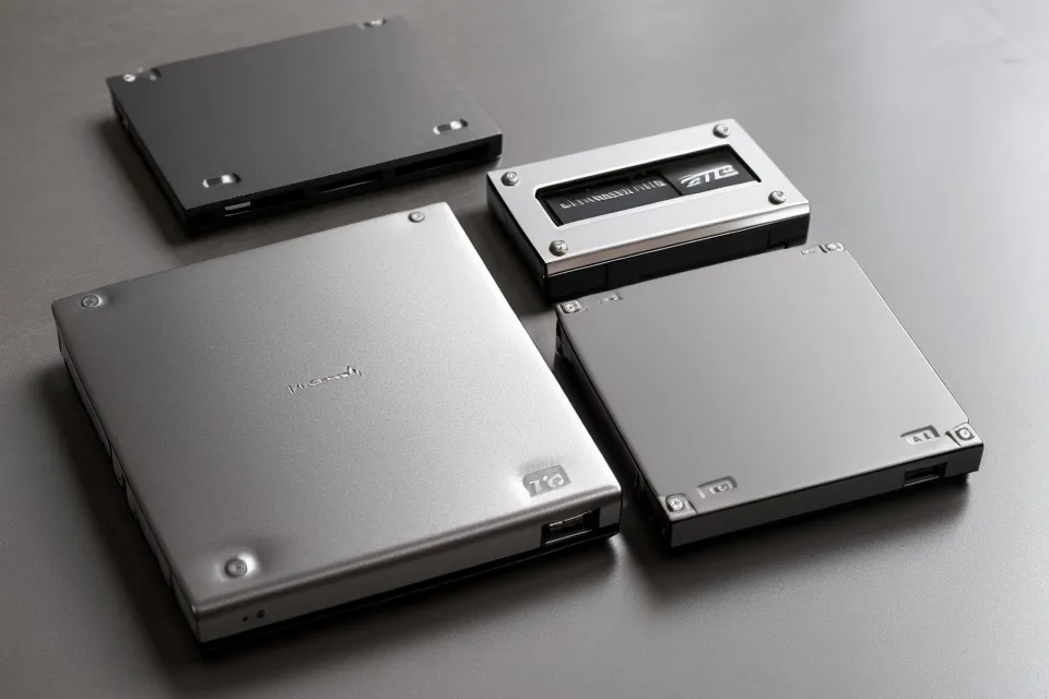 Eine externe 2 Terabyte Festplatte neben einem Stapel Recherche-Notizbüchern.