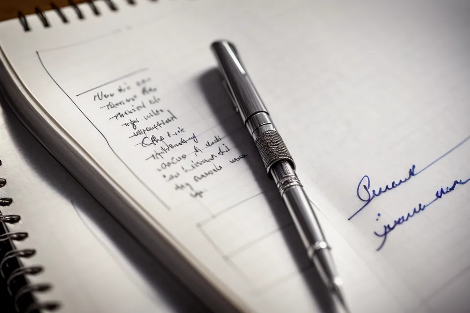 Nahaufnahme eines Notizbuchs mit handschriftlichen journalistischen Notizen zu Kursmodulen.