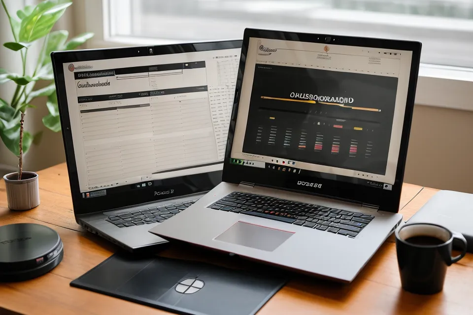 Laptop-Bildschirm mit Kurs-Dashboard und neuen Inhalten neben einem alten Zeitungsausschnitt.