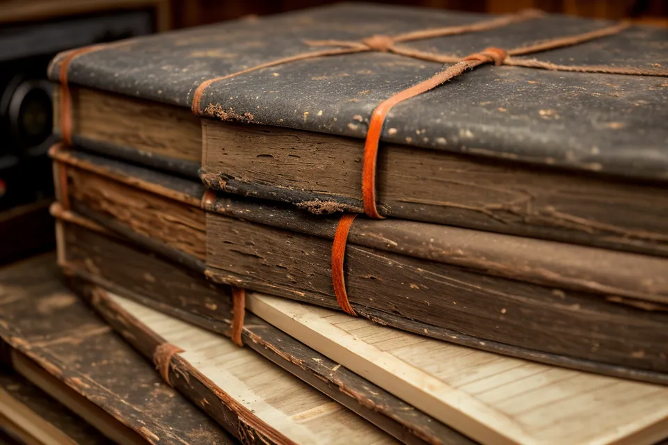 Bücherregal mit Analysenotizbüchern als Archiv fürs Selbststudium, Röhrenradio im Hintergrund